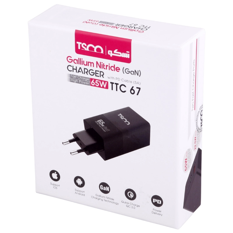 شارژر دیواری فست شارژ TSCO TTC 67 GaN 2Port QC3 PD 5A 65W Type-C + کابل تبدیل تایپ سی